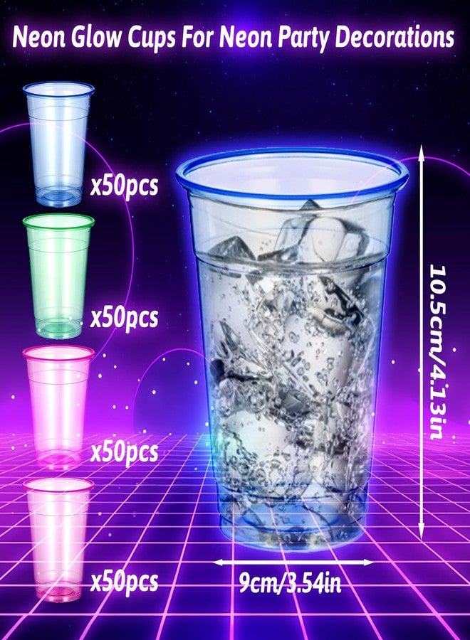 LIQWEI 200 Pack Plastic Neon Cups 12 Oz, Disposable Glowing Party Cup Clear Neon Colors Blacklight Parties Light Up Cup Colorful Plastic Cups for Parties Carnivals Birthday Rave Party - Image 2